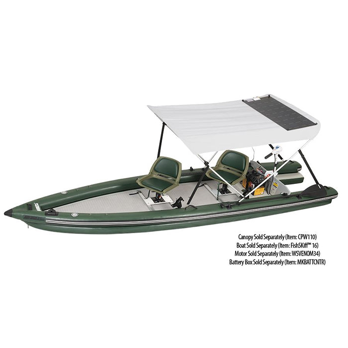 Sea Eagle 110W Semi-Flexible Solar Panel with Charge Controller on the canopy horizontally.