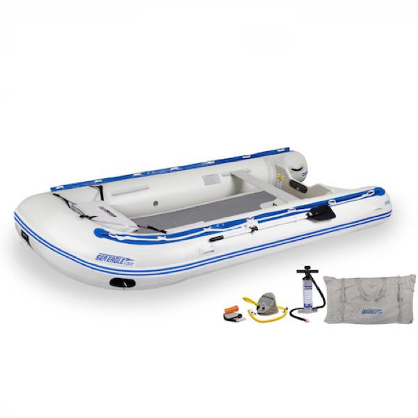 Sea Eagle 14&#39; Sport Runabout Inflatable Boat top view with the bag and pump sitting next to the white Sea Eagle inflatable boat with blue lettering.