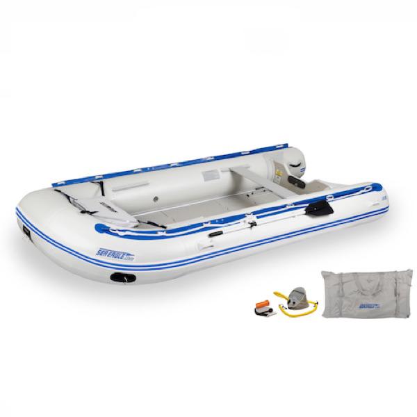Sea Eagle 14' Sport Runabout Inflatable Boat top view with the bag and pump sitting next to the Sea Eagle inflatable boat.