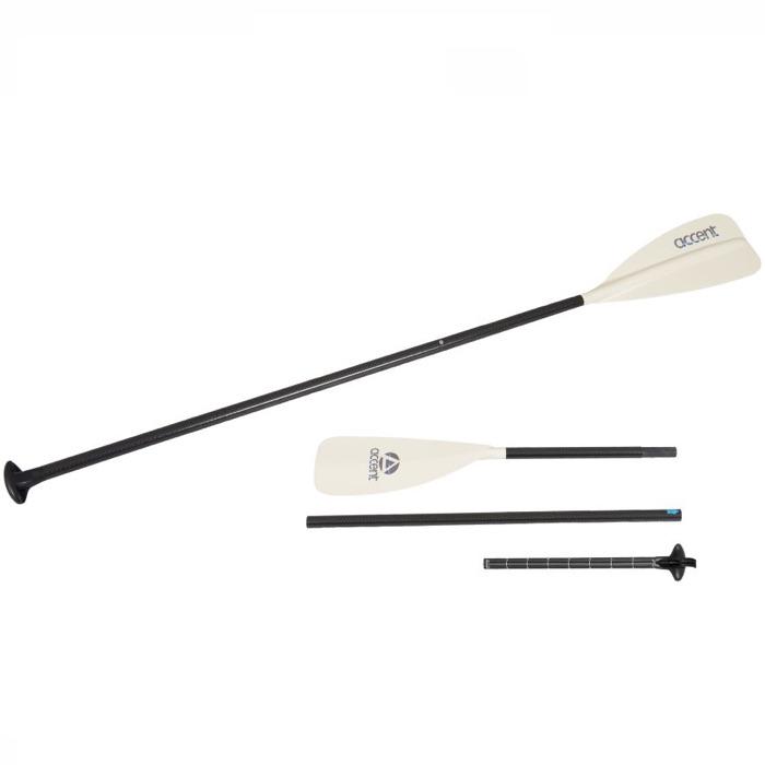 Sea Eagle Carbon Fiber SUP Paddle - Black Shaft with a White blade.  Shown together and broken down into separate pieces. 