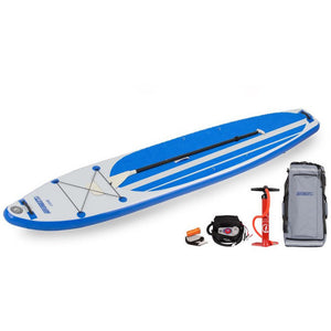 Blue and Grey Sea Eagle Longboard 126 Inflatable SUP top display view with the gray bag, electric pump, and red pump sitting next to the Sea Eagle inflatable SUP. 