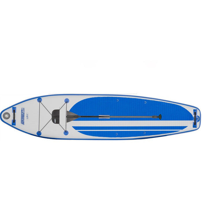 Blue and Grey Sea Eagle Longboard 126 Inflatable SUP top display view with the gray bag, electric pump, and red pump sitting next to the Sea Eagle inflatable SUP. 