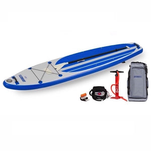 Sea Eagle Longboard 11 Inflatable SUP top display view with the bag and pump sitting next to the Sea Eagle inflatable SUP. 