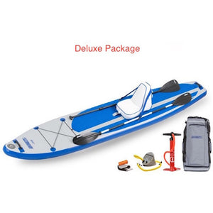 Sea Eagle Longboard 126 Inflatable SUP Deluxe package top display view with the bag and pump sitting next to the Sea Eagle inflatable SUP. 
