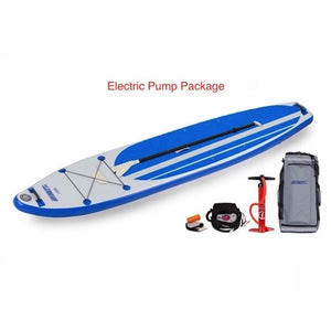 Sea Eagle Longboard 126 Inflatable SUP Electric Pump Package top display view with the bag and pump sitting next to the Sea Eagle inflatable SUP. 