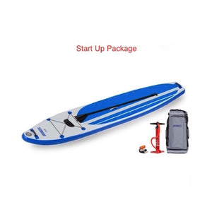 Sea Eagle Longboard 126 Inflatable SUP Start Up Package top display view with the bag and pump sitting next to the Sea Eagle inflatable SUP. 