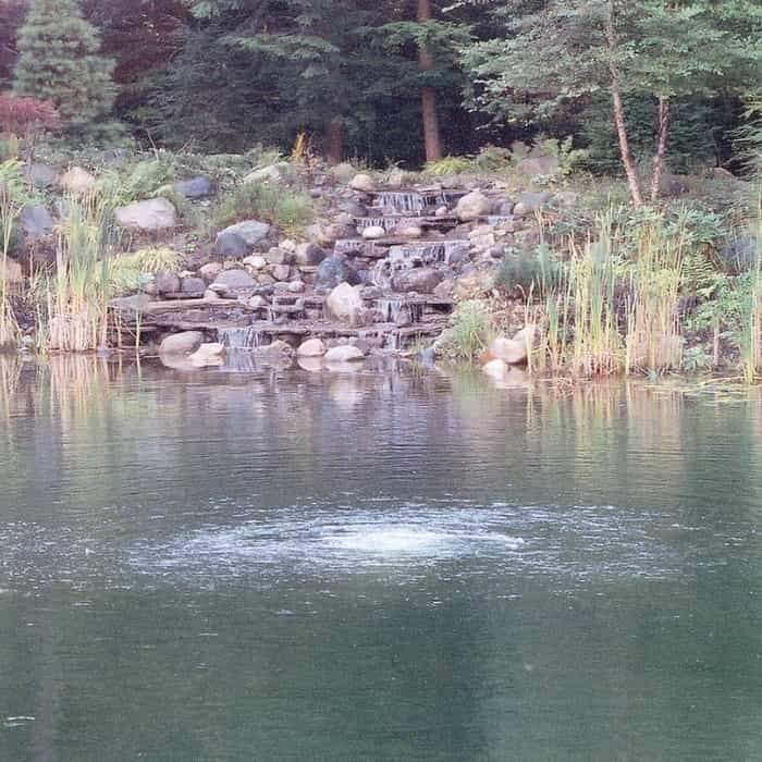 Scott Aerator Bubble Pro  Sub-Surface Aerator in a pond providing aeration.  Only a small amount of bubbles are noticeable.