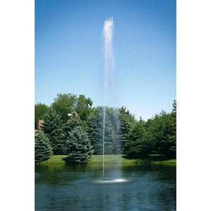 Another angle of the Scott Aerator 1 1/2 HP Jet Stream Pond Fountain shows off its astonishing 50 feet columnar spray from the floating fountain.  The Jet Stream Floating Fountains are some are the most popular floating fountains on the market.  Shown here as a pond water fountain in a park setting.  Trees around a lake with open green grassy areas also.
