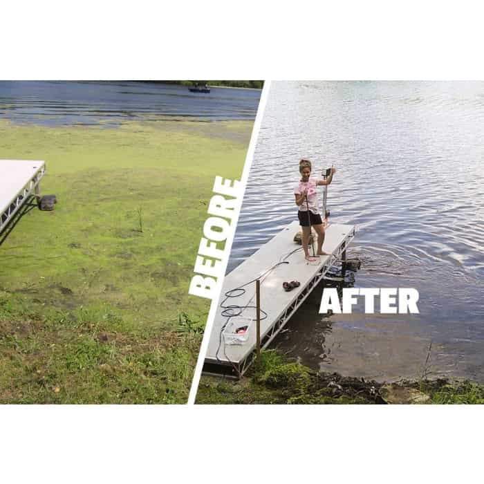 Before and after results from using a Scott Aerator Dock Mount Aquasweep