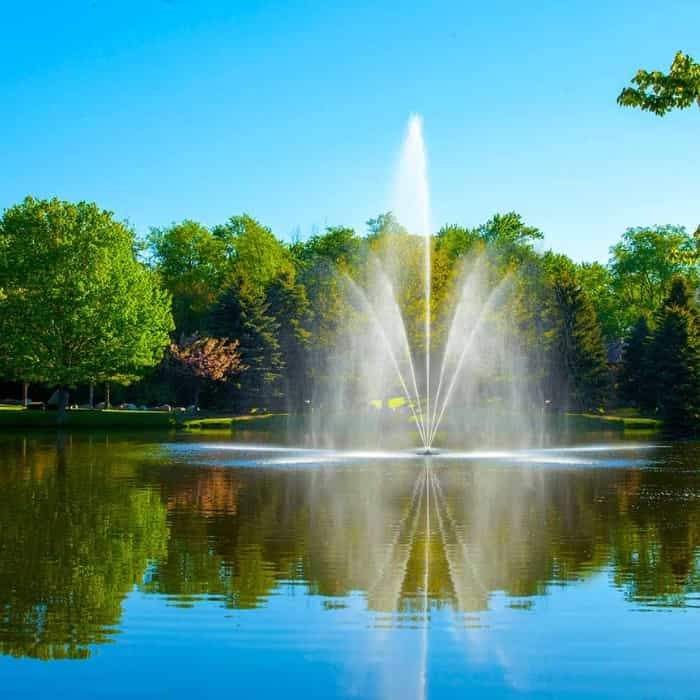 The Scott Aerator Clover Pond Fountain 1 1/2 Hp floating pond fountain shows an incredible display in the middle of the the lake.  This lake fountain creates an incredible sight.