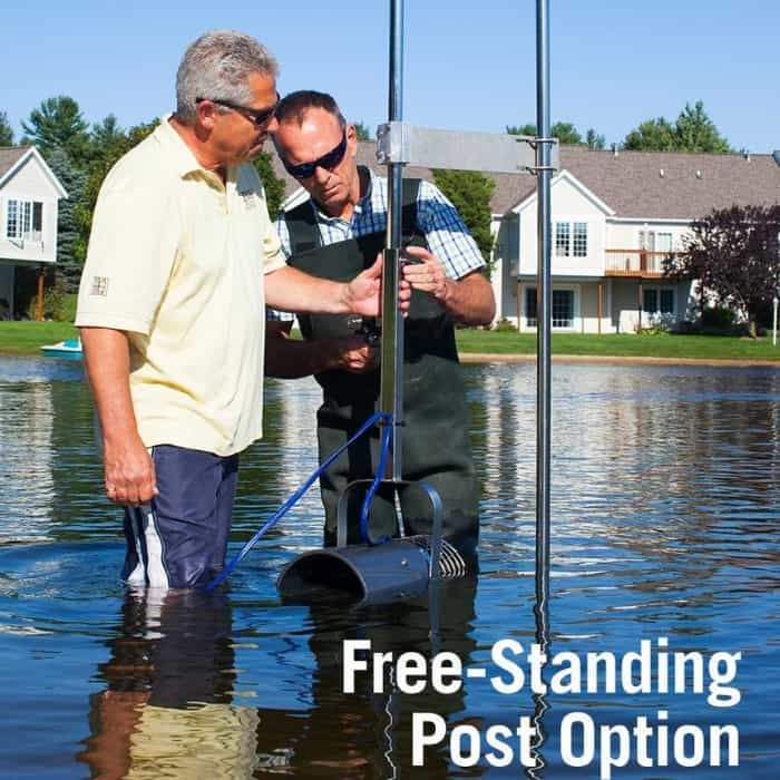 Scott Aerator Dock Mount Aquasweep Free Standing Post Option being installed by 2 guys.