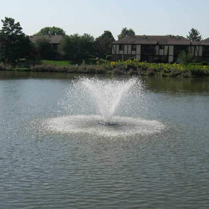 Scott Aerator DA-20 Display Floating Solar Pond Aerator 3/4 Hp Floating Aerator Fountain is a solar aerator for large ponds as well as a small pond aerator.  The white trumpet spray is 5ft high and 20ft wide in the middle of the large pond, residential homes in the background.  The floating solar pond fountain aerator is among the most popular on the market. Fantastic, durable Solar Pond Fountain. 