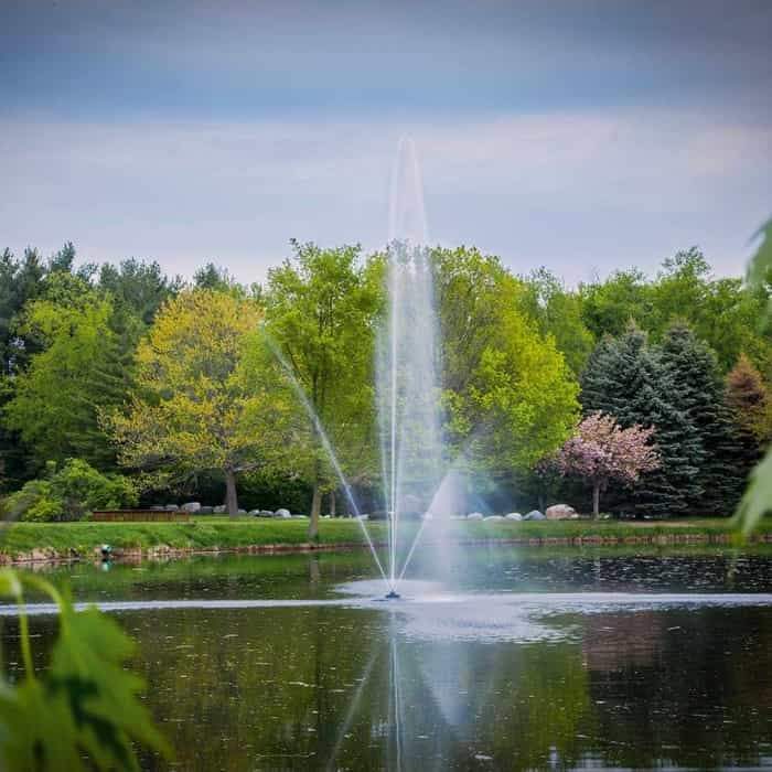 Scott Aerator Clover Pond Fountain 1 1/2 Hp sprays water 40ft high as a floating lake fountain.  The lake fountain creates a beautiful display.