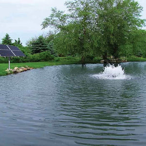 Scott Aerator Boilermaker Floating Solar Pond Aerator 3/4 Hp Surface Aerator as a floating small pond aerator with the black solar panel pond side in a flower bed.  The surface aerator creates a white splash and brings oxygen to the water through pond aeration.  Green grass and trees are around the residential pond.  As far as surface aerators go this is one of the best floating solar pond aerator. 