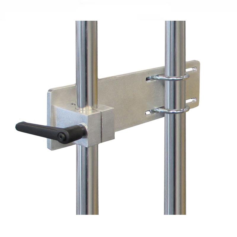 Scott Aerator Dock Mount De-Icer Dock Post Bracket closeup.  Shows the steel bracket and black attachment piece.