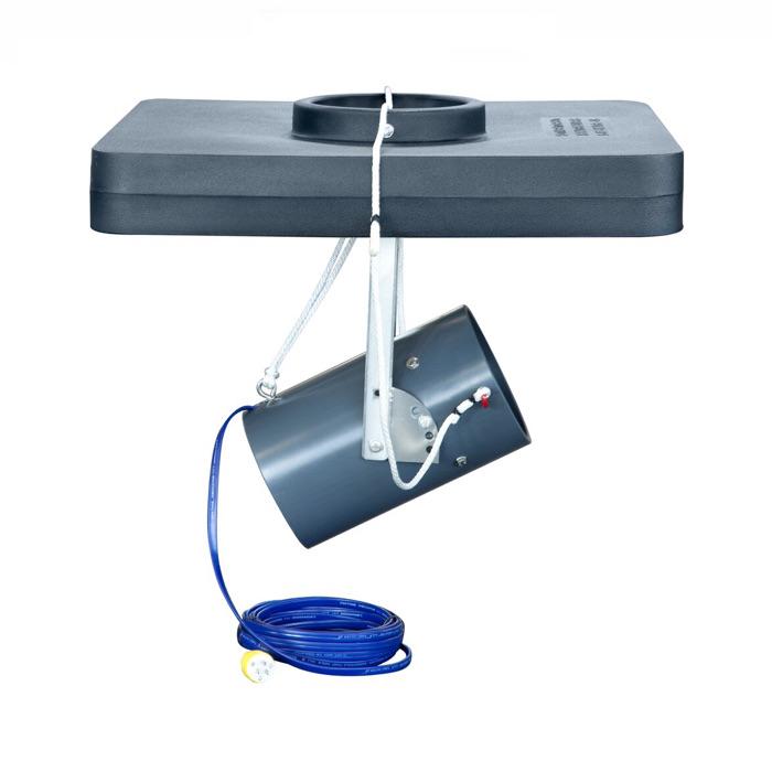 Scott Aerator Floating De-Icer side view, the blue cord that plugs into the steel canister around the propeller is visible. 