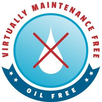 Scott Aerator Oil Free and Virtually Maintenance Free logo. White teardrop oil drop in white in the middle of a light blue circle.  The oil drop has a big red X through it.  Virtually Maintenance Free is arched in Red over the top.  Oil Free is in white letters inside a dark blue/green banner under-arcing the logo. 