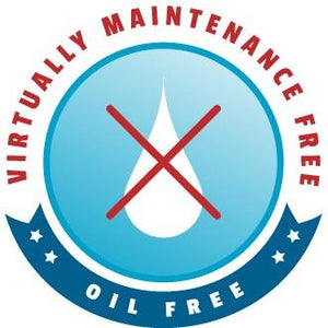 Scott Aerator Oil Free and Virtually Maintenance Free logo. White teardrop oil drop in white in the middle of a light blue circle.  The oil drop has a big red X through it.  Virtually Maintenance Free is arched in Red over the top.  Oil Free is in white letters inside a dark blue/green banner under-arcing the logo. 