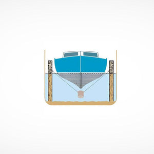Diagram of the Scott Aerator Slinger De-Icer in use under a big boat in a slip.  The image is drawn and the boat and water are blue with the slinger de-icer directly in the middle of a dock slip and directly under the boat.