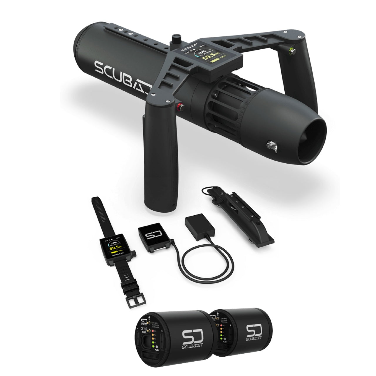 ScubaJet Pro All In One Kit. Show the all black ScubaJet pro with silver stenciled logo. The underwater kit hand controller is attached and the the overwater kit for kayak and paddleboard motors is below. 2 batteries are at the bottom of the image.