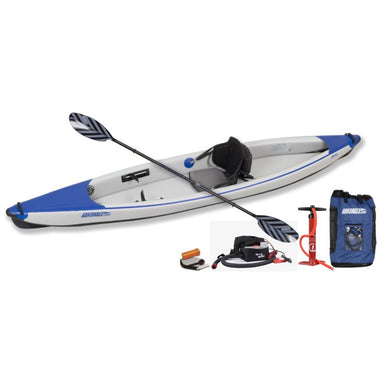 Sea Eagle 393rl Razorlite Pro Solo Package with paddle with black and silver blades. Also shows hand pump, electric pump, and carry bag.