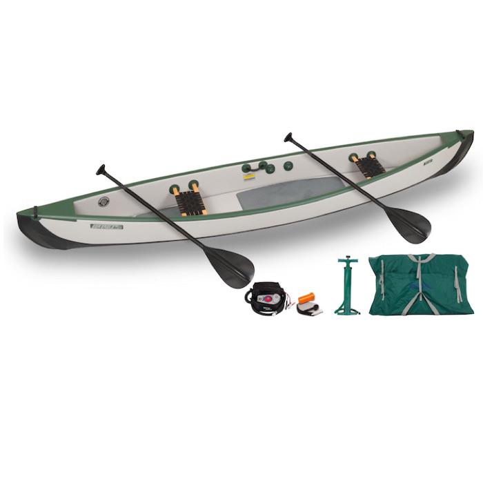 Sea Eagle Travel Canoe TC16 2 Person Electric Pump Package with Web/Wood Seats. Sea Eagle Inflatable canoe is green and grey. Web seats are black with wood rods.