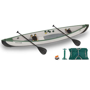 Sea Eagle Travel Canoe TC16 2 Person Start Up Package with Web/Wood Seats. Green and Grey Inflatable Canoe with Black Paddles