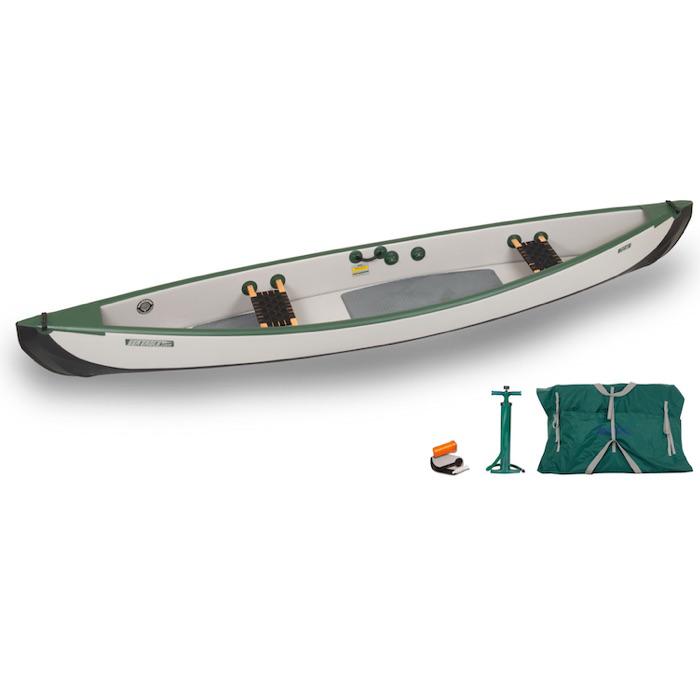 Sea Eagle Travel Canoe TC16 2 Person Basic Package with Web/Wood Seats. Sea Eagle Inflatable Canoe is grey and green.