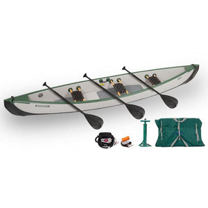 Sea Eagle Travel Canoe TC16 3 Person Electric Pump Pkg with Wood/Web seats and black paddles. The Sea Eagle Inflatable Canoe is green and white.