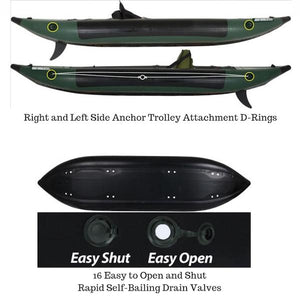 Sea Eagle Explorer 350fx Inflatable Fishing Kayak Green and Black close up of the Right and Left Side Anchor Trolley Attachment D-Rings and 16 Self Bailing Drain Valves.