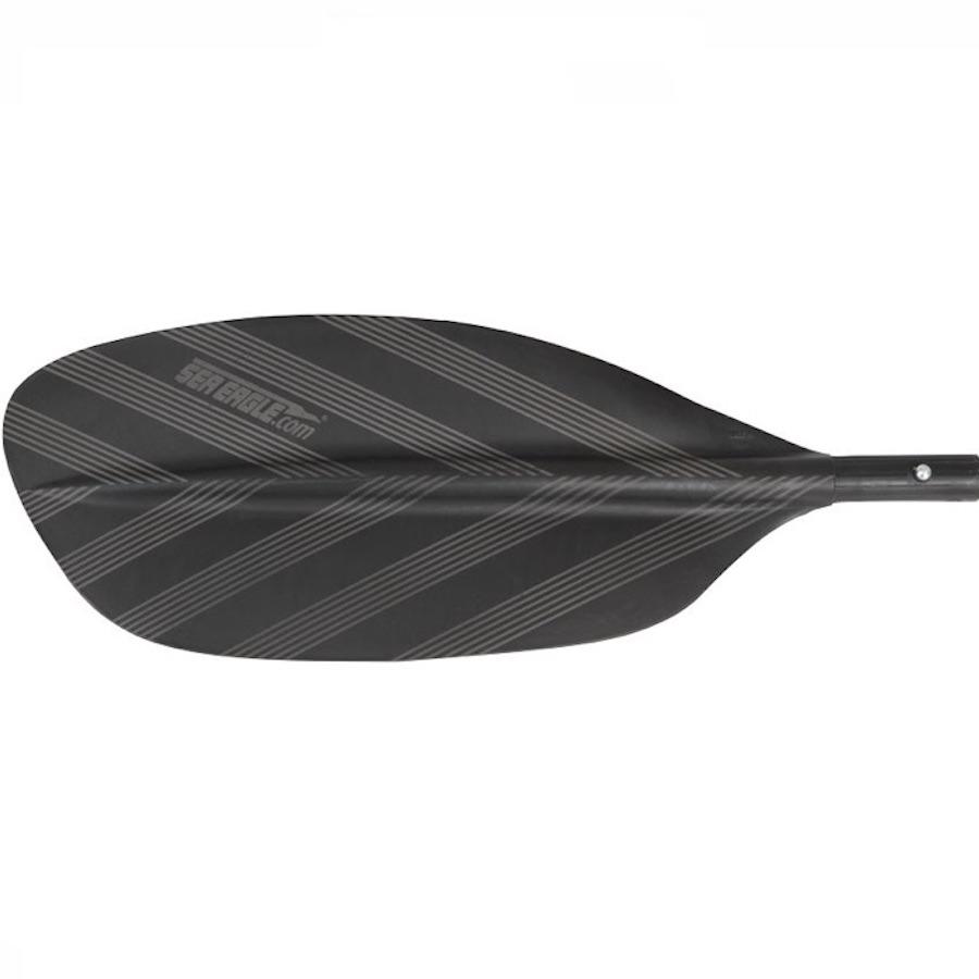 The black blade of the Sea Eagle AB40 Kayak Paddle.  All black with diagonal asymmetrical grey lines. Close up view.