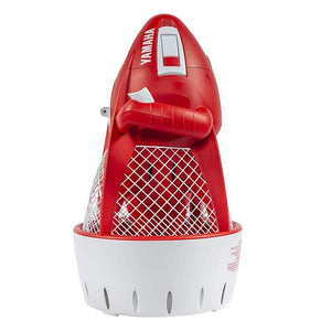 Upright view of the Yamaha Seal Sea Scooter as it sits on the white fan cover and angles up to a point through the red body with white Yamaha Sea Scooter lettering.