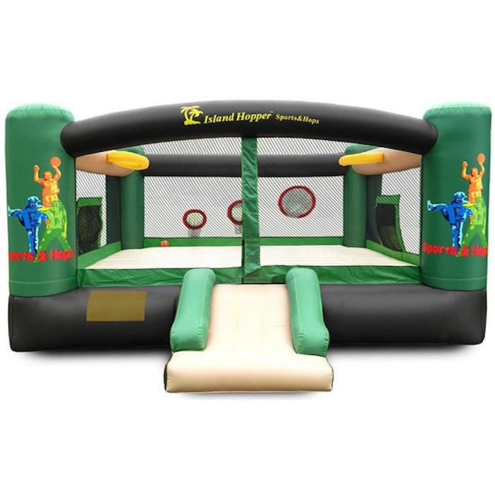 Front view of the Island Hopper Sports and Hops 5 Bounce House and Slide.  Green, Tan, and Black color scheme with tan bounce floor and slide with green and black supports and borders.