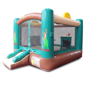 Island Hopper Sports N Hops Commercial Bounce House for Sale is shown on a white background. This best commercial bounce house for sale features green, brown, and tan colors with yellow highlights. It is a square inflatable bounce house with a small and not steep entry and exit slide.