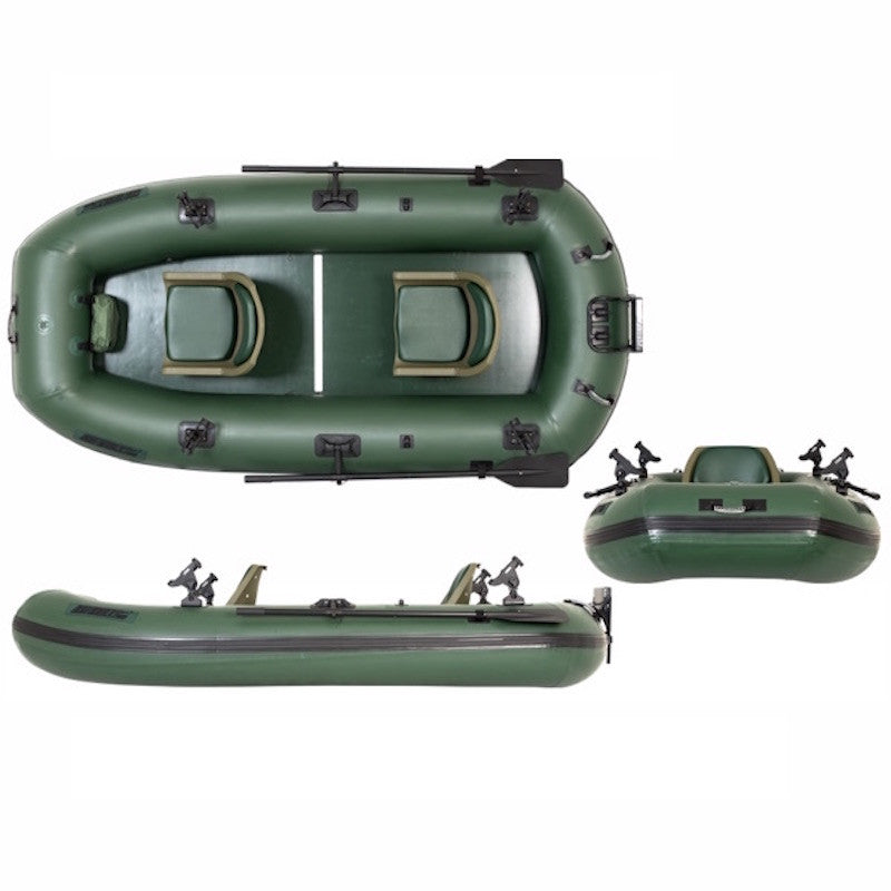 Sea Eagle Stealth Stalker 10 Inflatable Fishing Boat top view, front view, and side view. The Sea Eagle Inflatable Fishing Boat is all hunter green and you can see the Scotty Mount fishing rod mounts on the sides of the Stealth Stalker Sea Eagle Inflatable Fishing Boat.