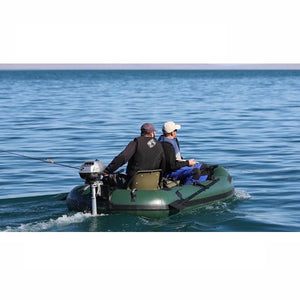 Sea Eagle Stealth Stalker 10 Inflatable Fishing Boat with motor on the water, rear view.