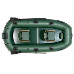 Sea Eagle Stealth Stalker 10 Inflatable Fishing Boat top view close up.  All green interior and exterior of the Sea Eagle Inflatable Fishing Boat is clearly visible along with the swivel seats. 