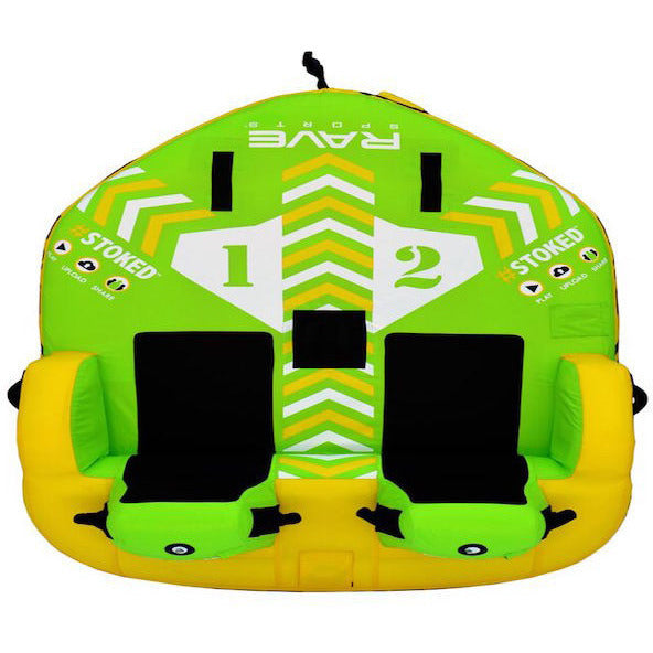 Green and yellow Rave #Stoked 2 Person Towable Boat Tube black seats for 2 riders, sky view.