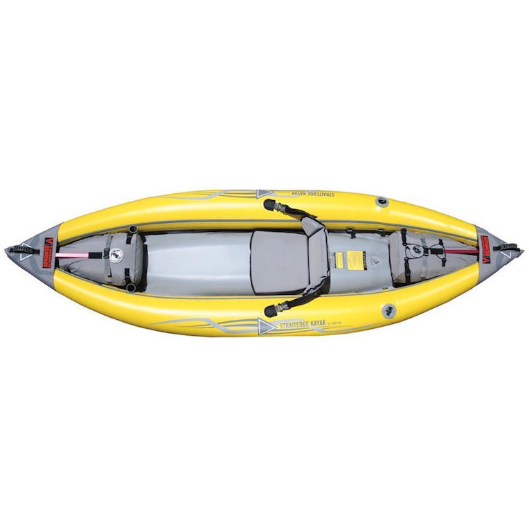 Advanced Elements StraitEdge 1 Person Inflatable Kayak top view. Yellow outter with grey inside.