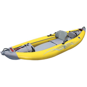 Front/Top display view of the yellow and grey Advanced Elements StraitEdge 1 Person Inflatable Kayak on a white background. 