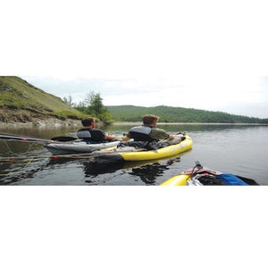 Man floating down the river in a yellow and grey Advanced Elements StraitEdge 1 Person Inflatable Kayak