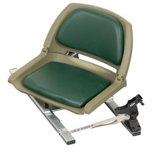 Sea Eagle Green Swivel Seat Fishing Rig - SSFRG - pictured with black Scotty Rod Holders, foldable seat pictured in the upright position on the aluminum frame.