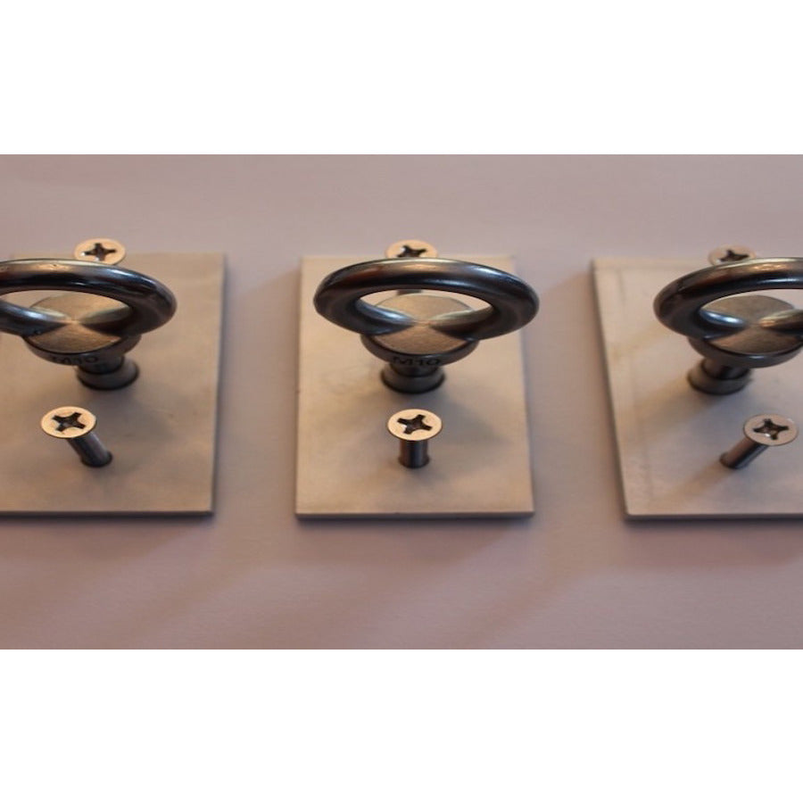 Lillipad Diving Board Underfloor Mounting Kit closeup of view of each attachment plate ready to be used lined up next to each other. Also known as the Lily Pad Diving Board 