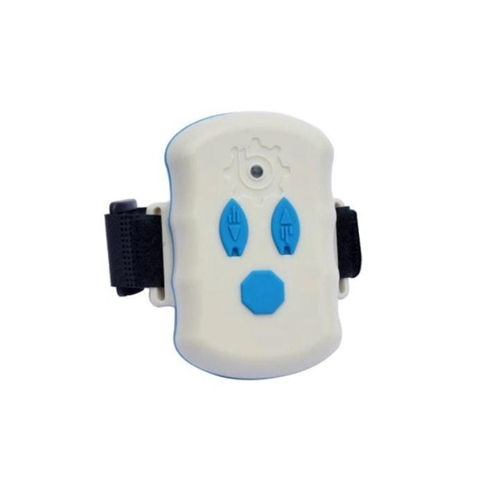 Bixpy Extra Remote for Outboard Power Pack.  White remote with light blue buttons and a black band.  Remote is a rectangle with rounded edges and ends.  This is a display picture of the Bixpy Outboard Remote and it is against a white background.