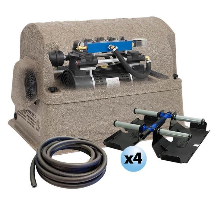 Airmax PondSeries PS40 Aeration System is shown all together with the Rocking Piston Air Compressor, weighted line, aerator pump cover, and weighted hose line; 4 weighted diffuser sleds are included.