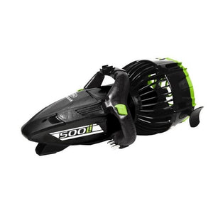 Yamaha 500Li Seascooter is all black with minimal yellow/green highlights.  The 500Li logo is in white on the side in the front of the Yamaha 500Li Seascooter