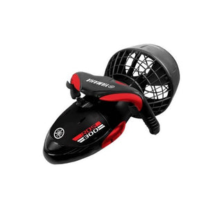 Yamaha RDS300 Seascooter has a mostly black design with red highlights on the handle and underbelly of the Yamaha RDS300 Seascooter