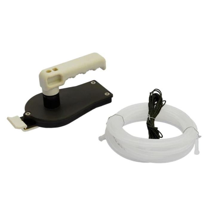 Bixpy Hand Steering Adapter is shown along with the kevlar tubing that acts as a steering cable.  The Bixpy Hand Steering Adapter is black with a white handle and white pick on the end.  The white tubing is pictured next to it.  This is a display picture of the Bixpy Hand Steering Attachment and the background is white. AC-STM-1001 