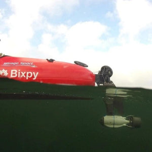 Bixpy Jet Outboard Kayak Motor for sale is shown in an underwater side view.  The Bixpy Jet Thruster is attached to the Bixpy Hobie Twist and Stow Rudder Adapter, the Bixpy 333Wh Outboard Power Pack is not visible.