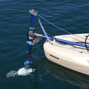 Universal Kayak and Canoe Adapter attached to a white kayak connecting it to the J-2 Motor underwater